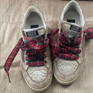 Golden Goose Beige Sneakers with Red Plaid Laces